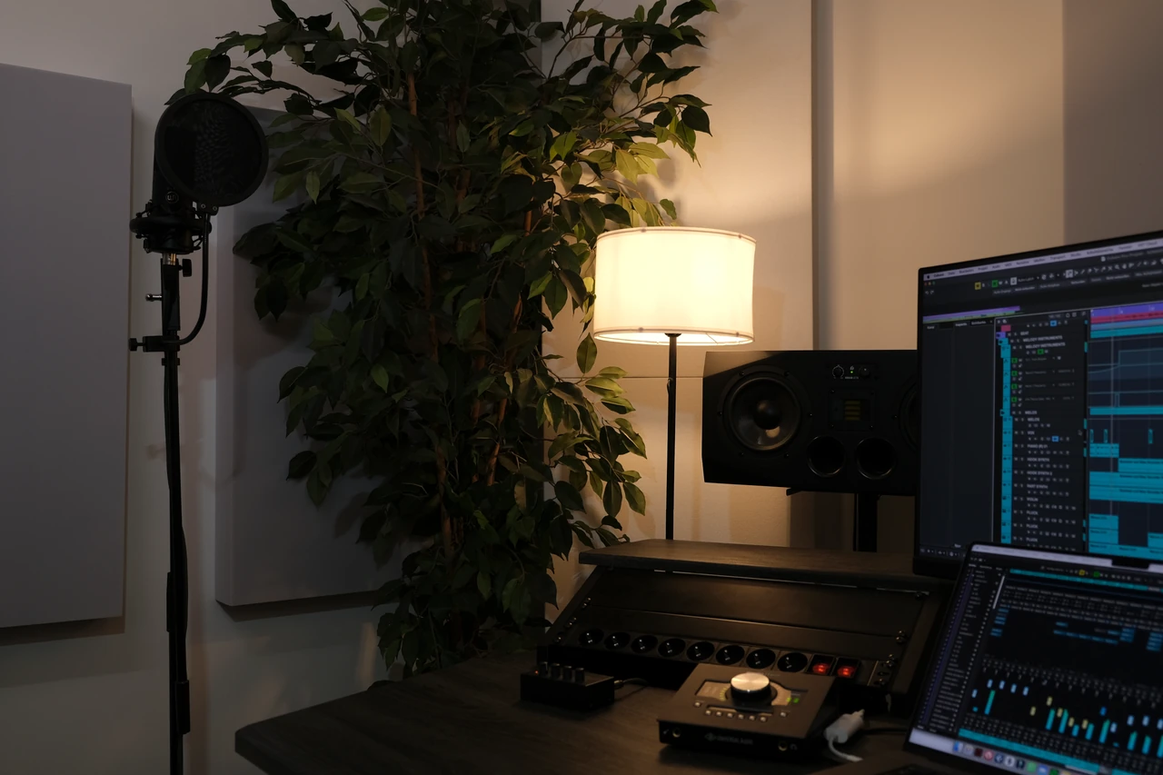 Gesangsmikrofon, Stehlampe und Regieplatz im TDM Studio